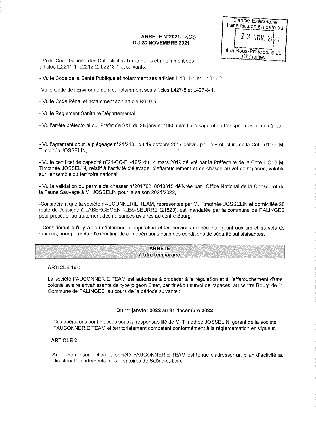 Arrêté fauconnerie