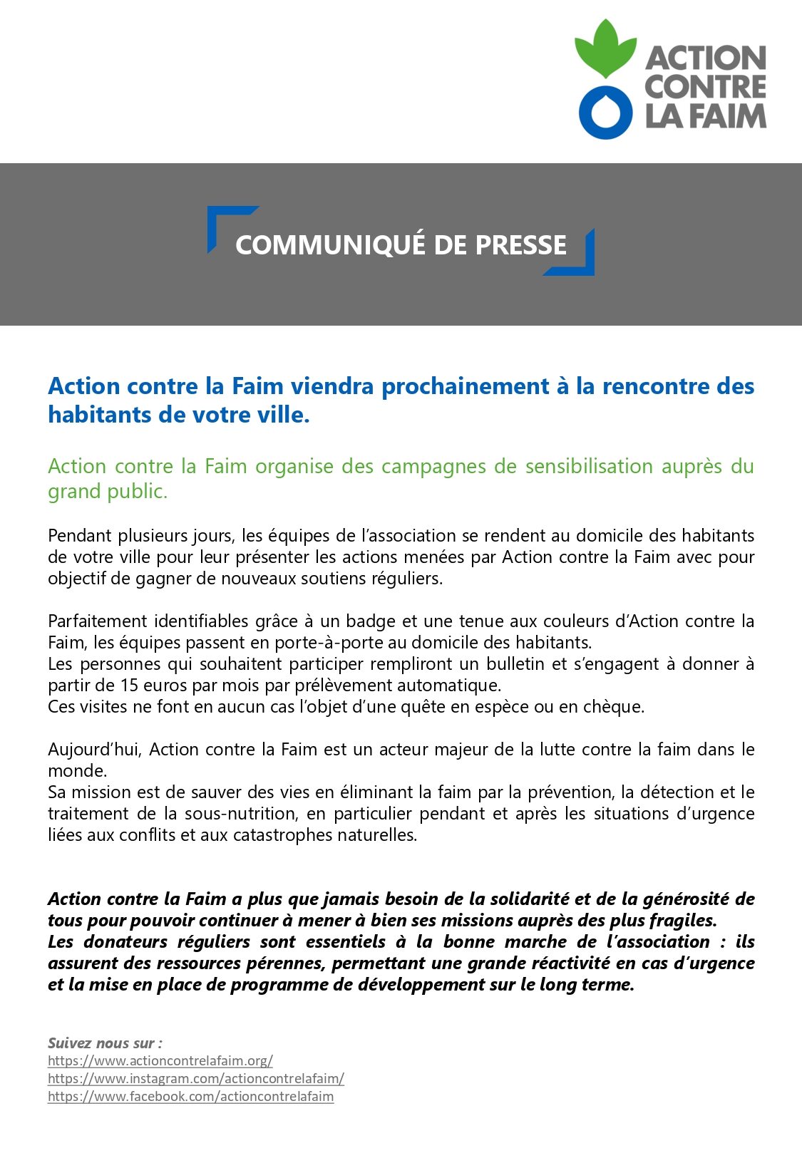 Action contre la Faim:porte-à-porte à PALINGES du 7 septembre 2026 au 3 octobre 2026 à raison de 3 jours maximum durant cette période.